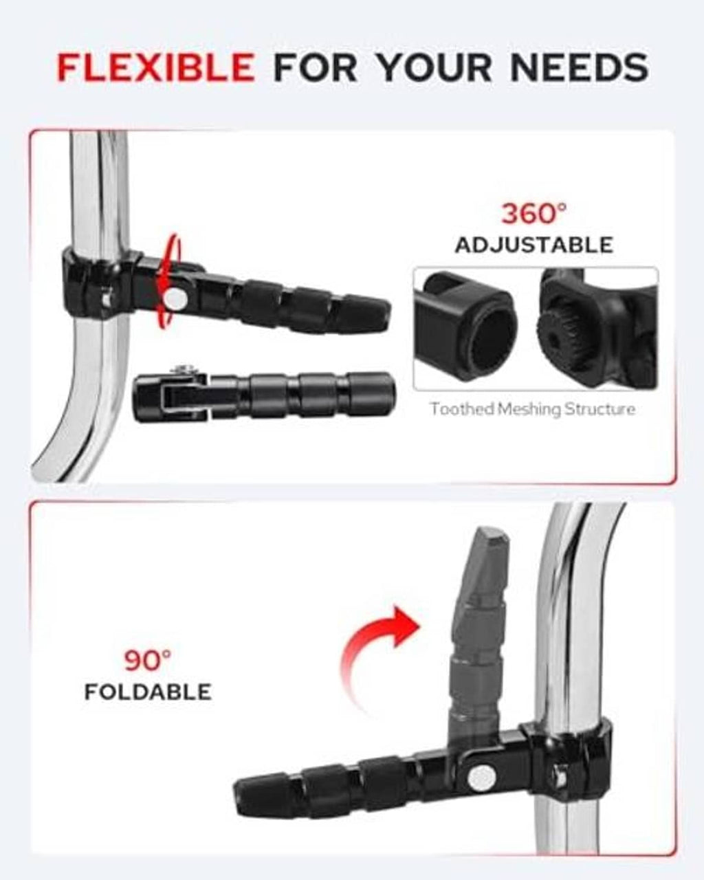 Black folding motorcycle foot pegs, 90-degree fold feature and adjustable positioning.