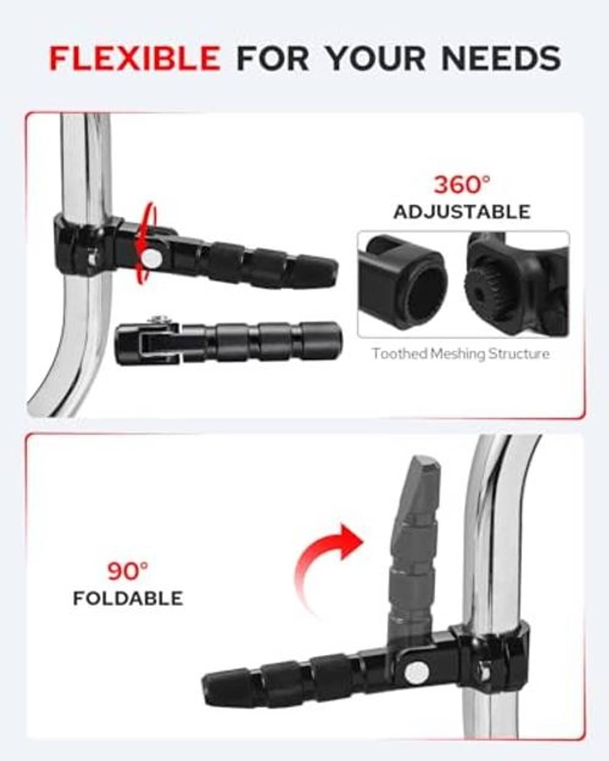 Black folding motorcycle foot pegs, 90-degree fold feature and adjustable positioning.