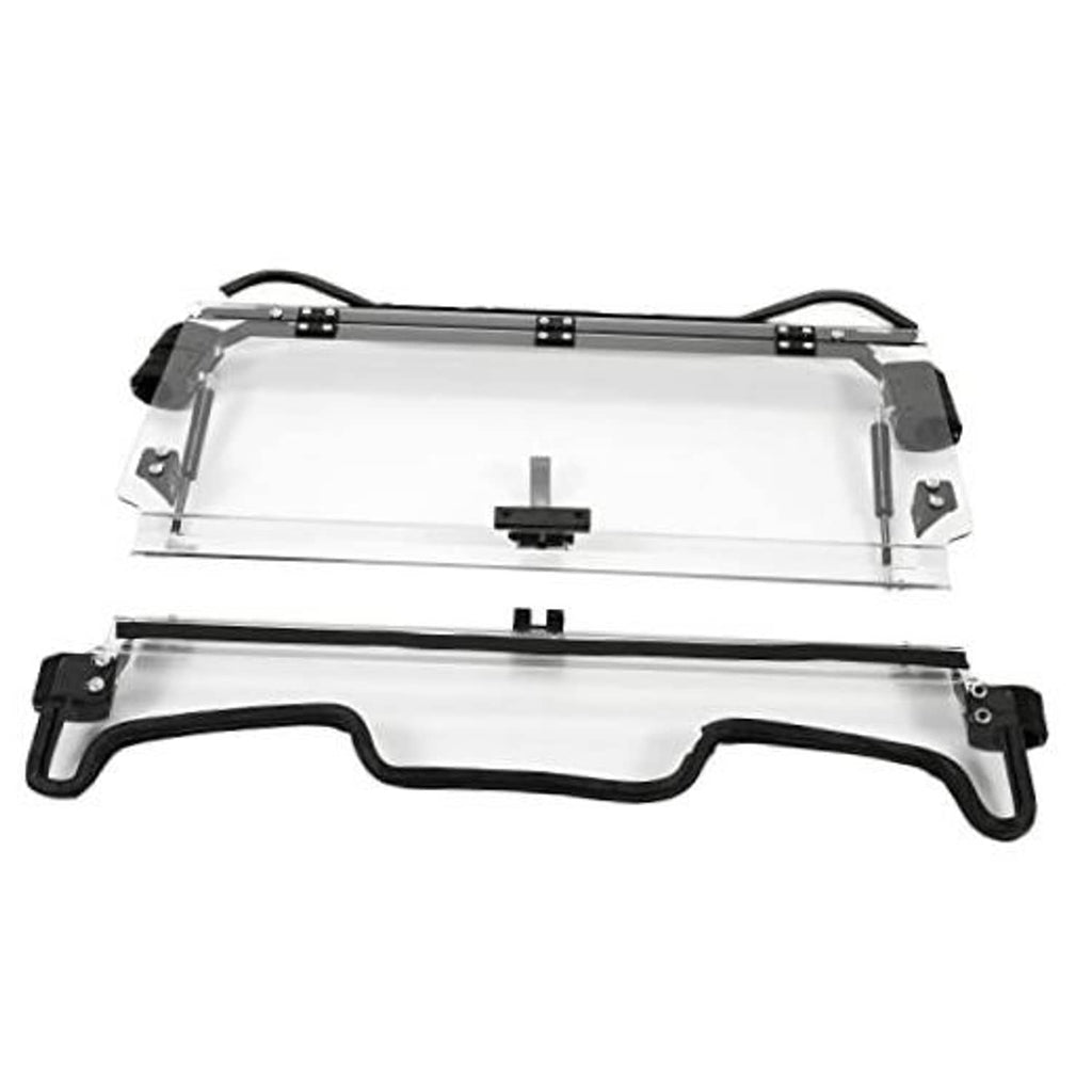 2-in-1 front windshield with clear panel and black frame, mounting brackets