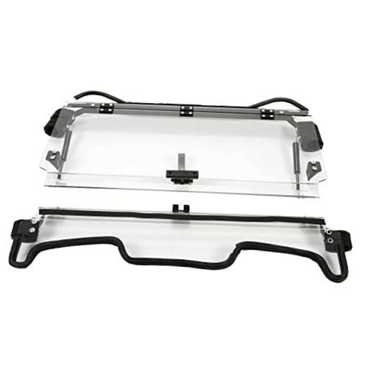 2-in-1 front windshield with clear panel and black frame, mounting brackets