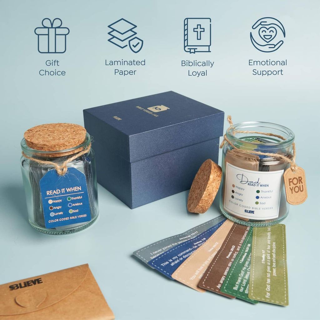 Bible verse jar gift set with navy box, two glass jars, and color-coded emotion cards.