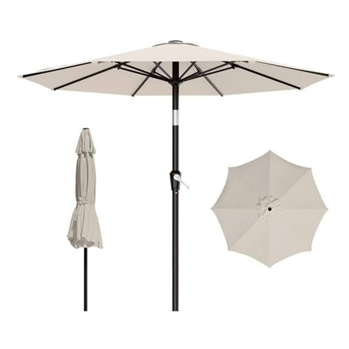 Cream-white patio umbrella with black pole and open canopy, plus storage cover