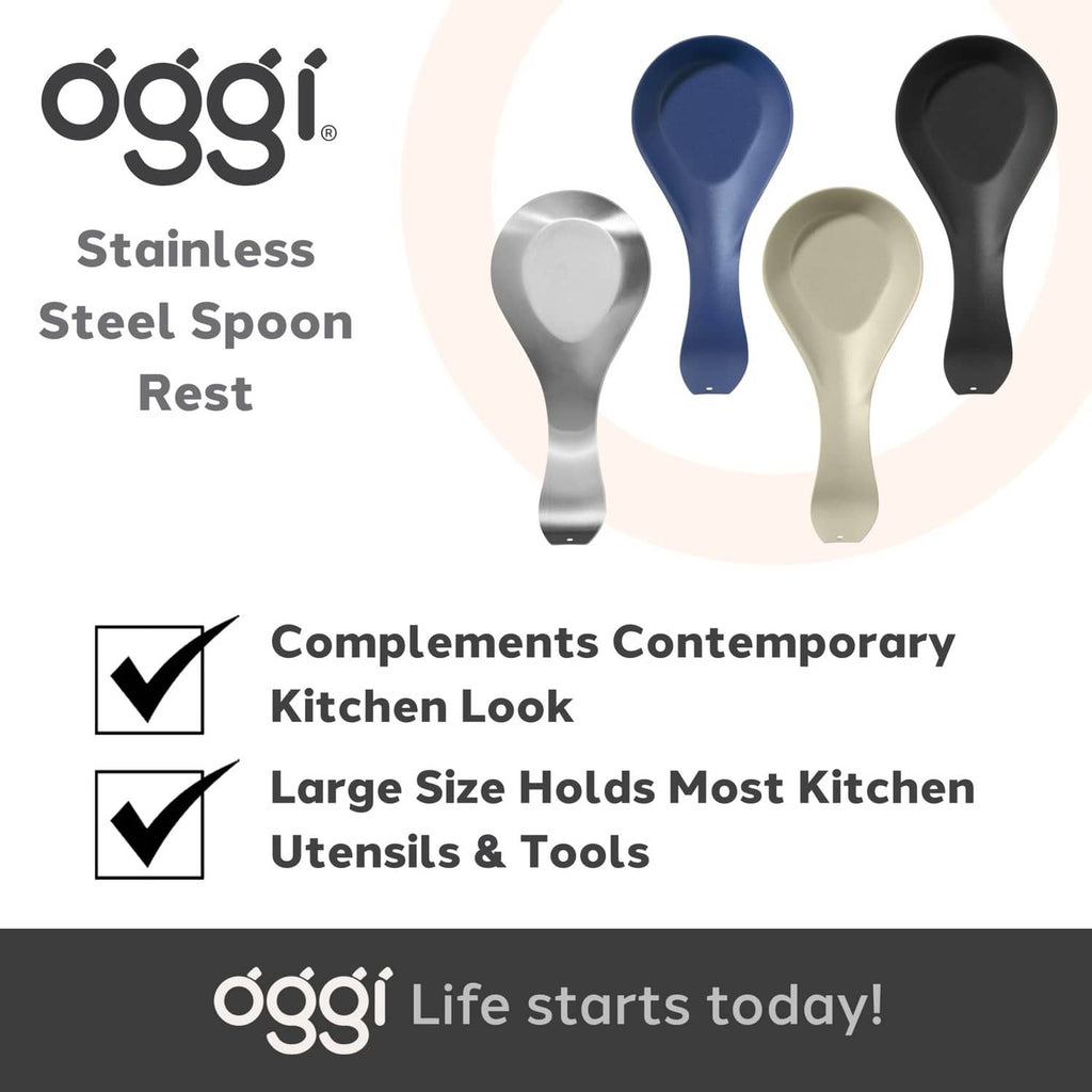 Assorted stainless steel spoon rests in silver, blue, black, and cream colors
