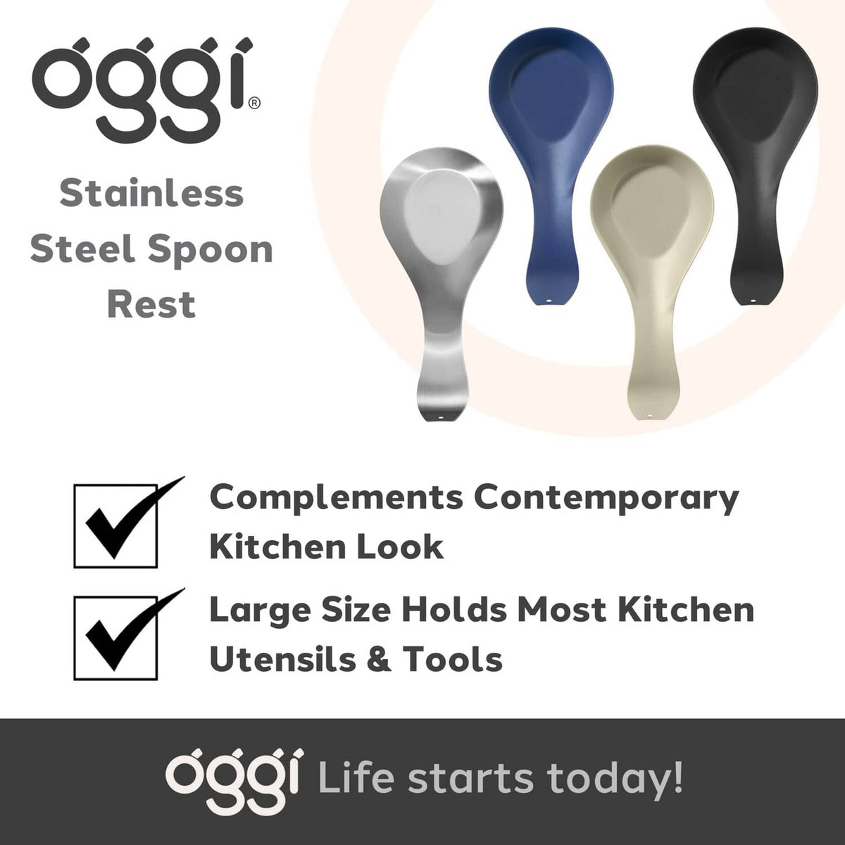 Assorted stainless steel spoon rests in silver, blue, black, and cream colors