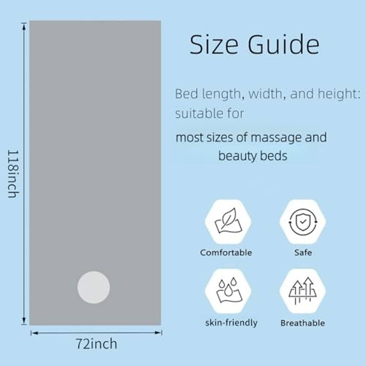 Grey fabric size guide panel for massage table sheets