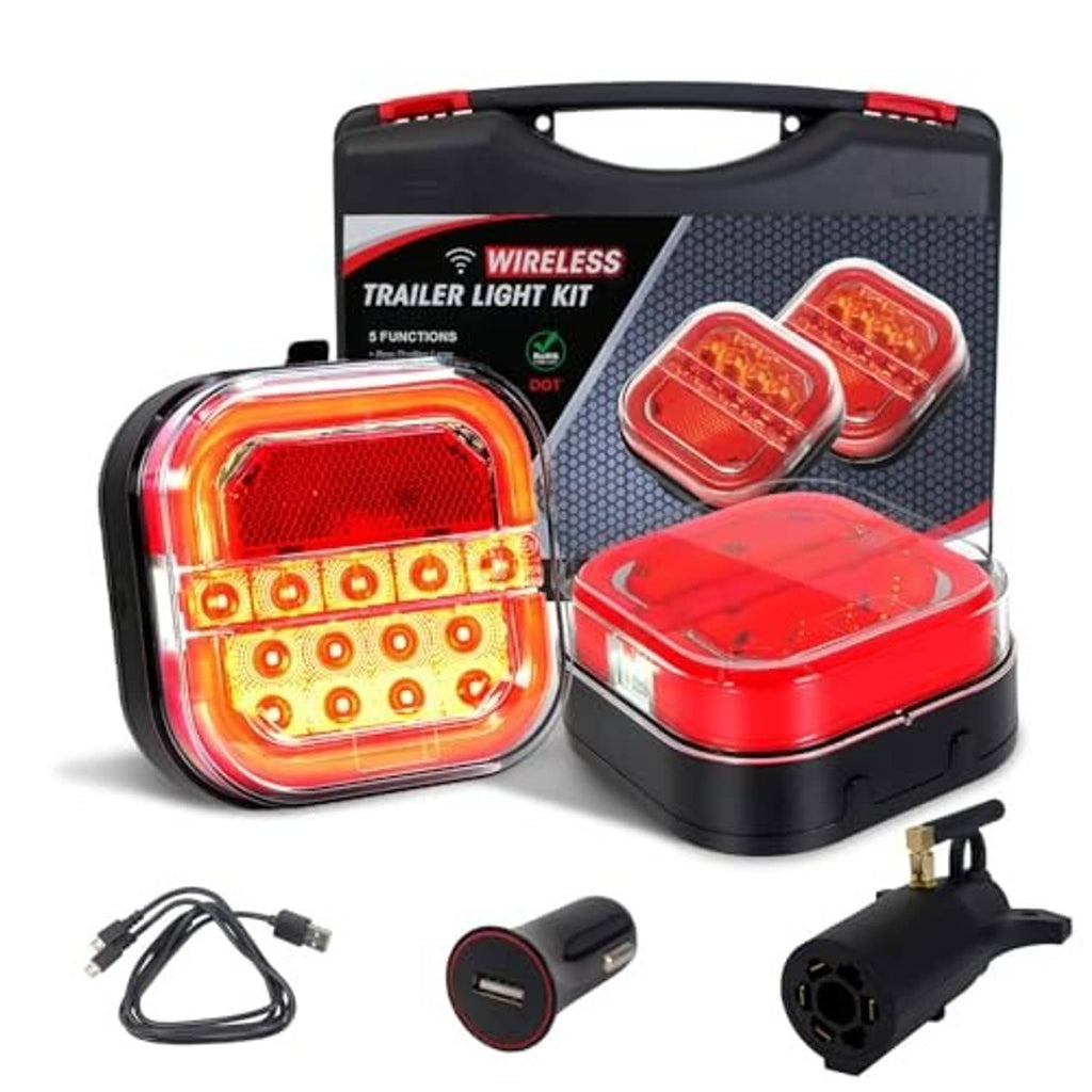 Red square wireless trailer light with multi-function LED pattern inside clear lens