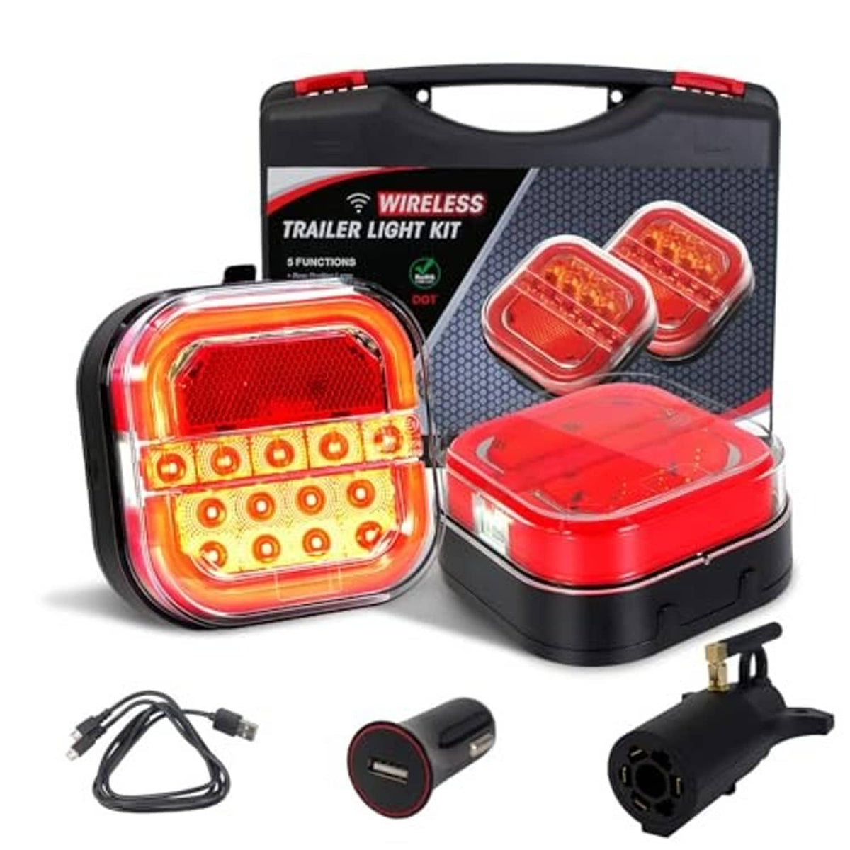 Red square wireless trailer light with multi-function LED pattern inside clear lens