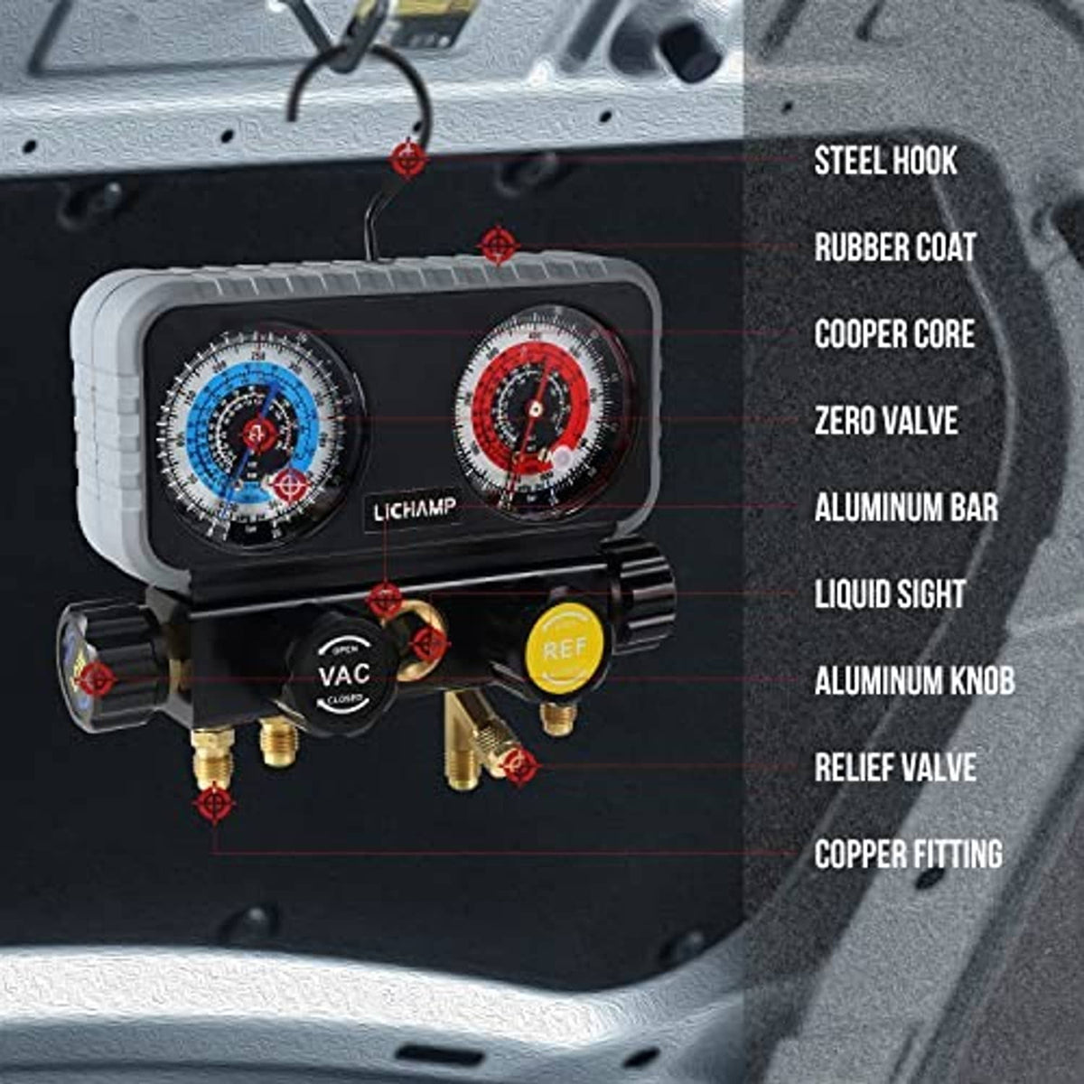 Manifold gauge assembly with dual gauges and brass fittings on service surface