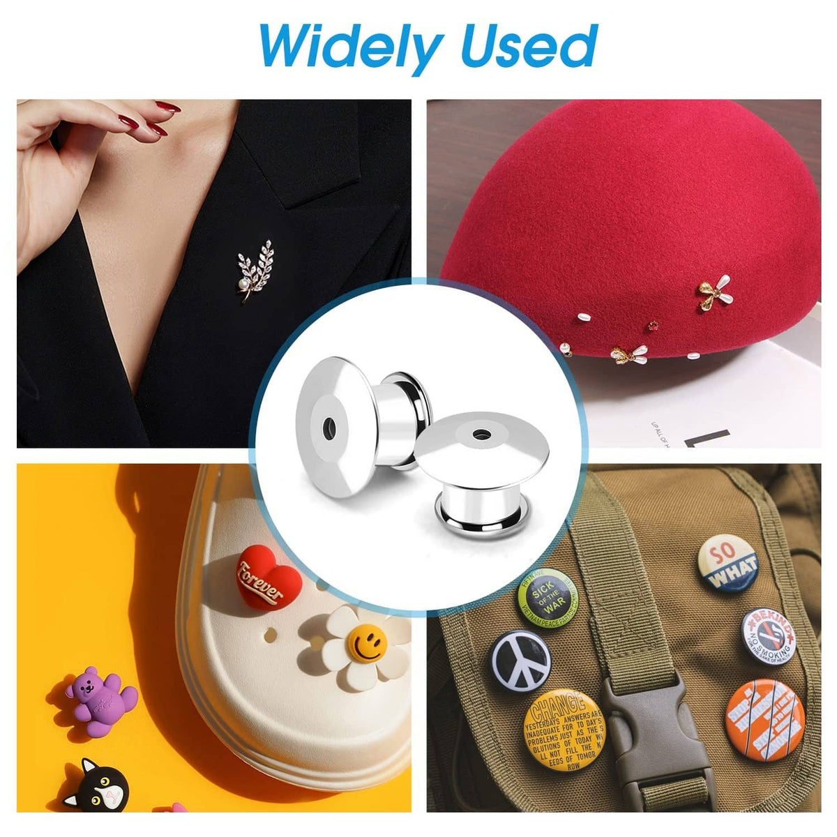 Silver locking pin back clasps on clothing, securing small snowflake brooch with round caps.