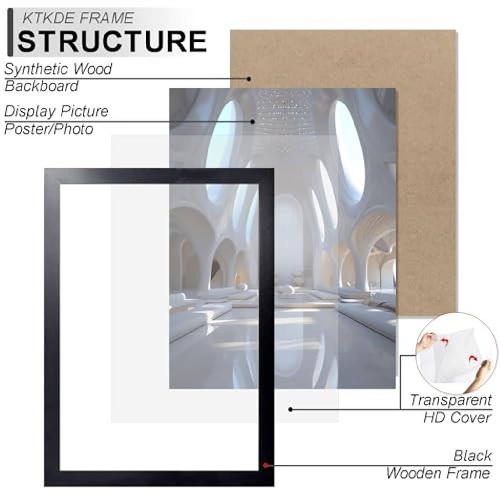 Black A4 picture frame structure: wooden frame, HD cover, cardboard backing