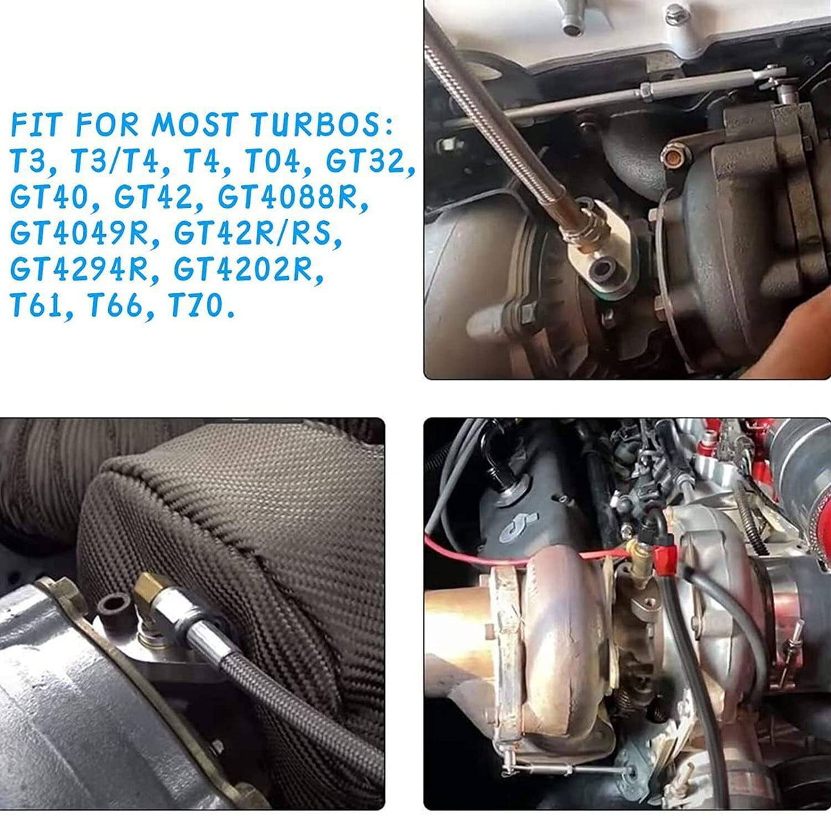 Turbo oil drain lines and fittings installed with braided hose and metal connectors