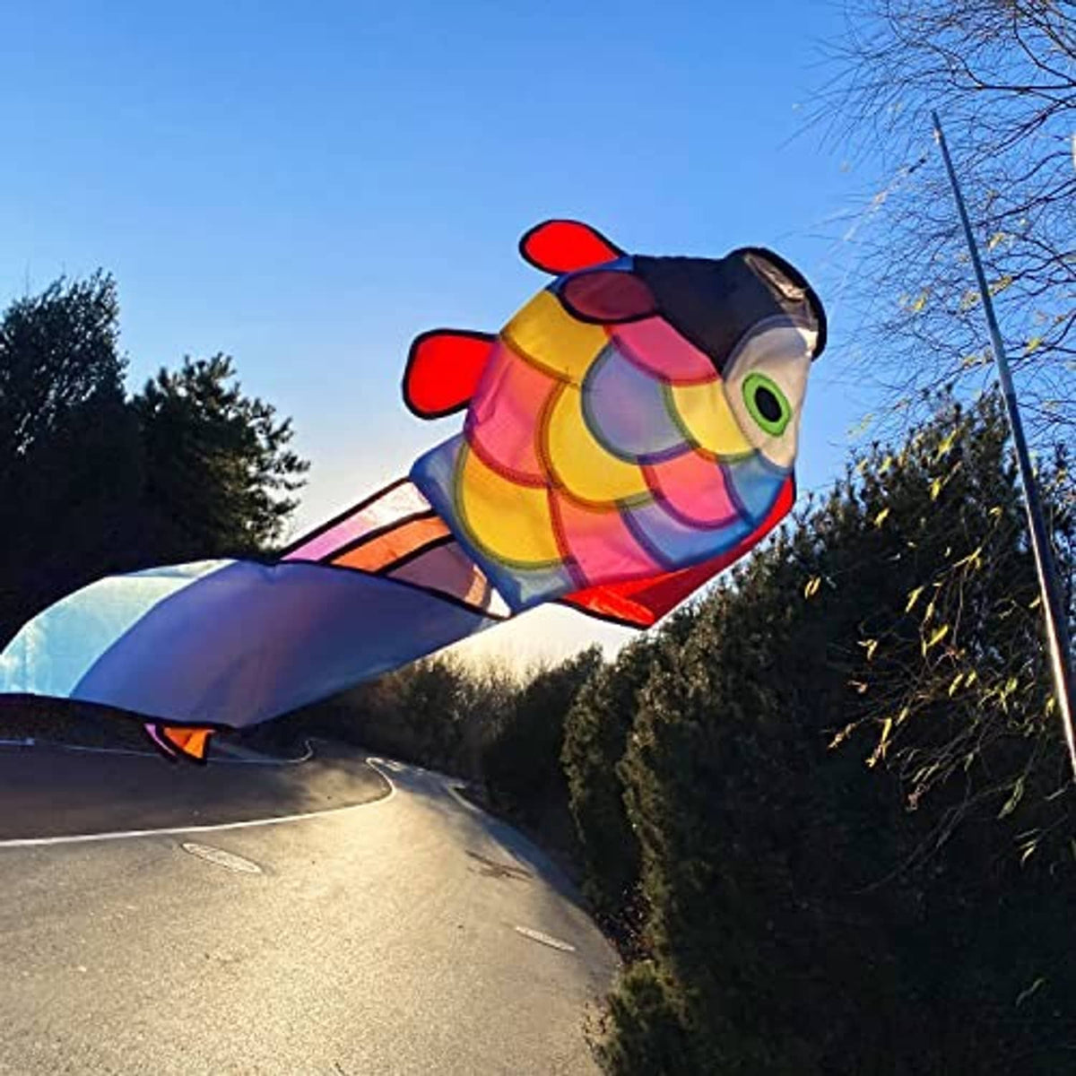 Rainbow fish windsock in the air with multicolor scales and blue, orange, and green tail fins