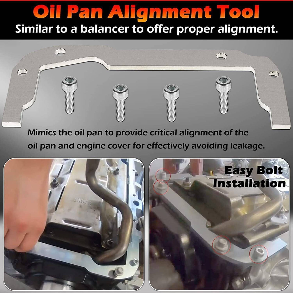 Oil pan alignment tool plate with four bolts and two machined alignment ring housings