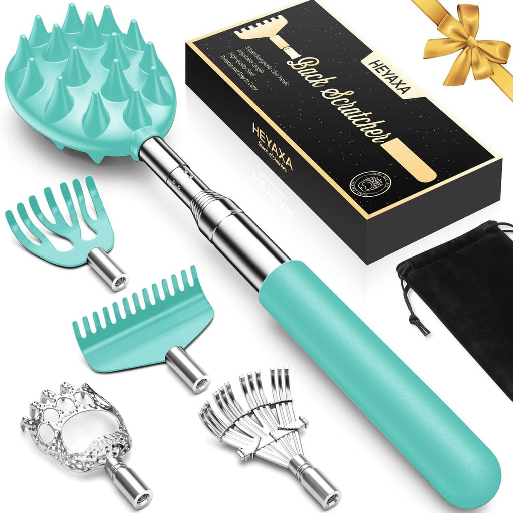 Teal telescoping back scratcher with detachable spiked heads and chrome metal handle
