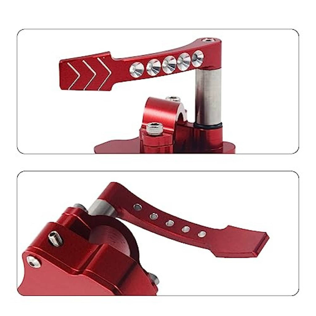 Red billet throttle thumb assembly with arrow lever and bolt-hole plate on base