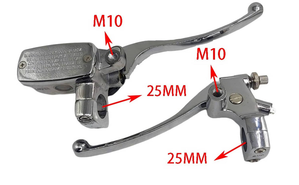 Chrome motorcycle hydraulic lever master cylinder, 25mm reach, M10 mount