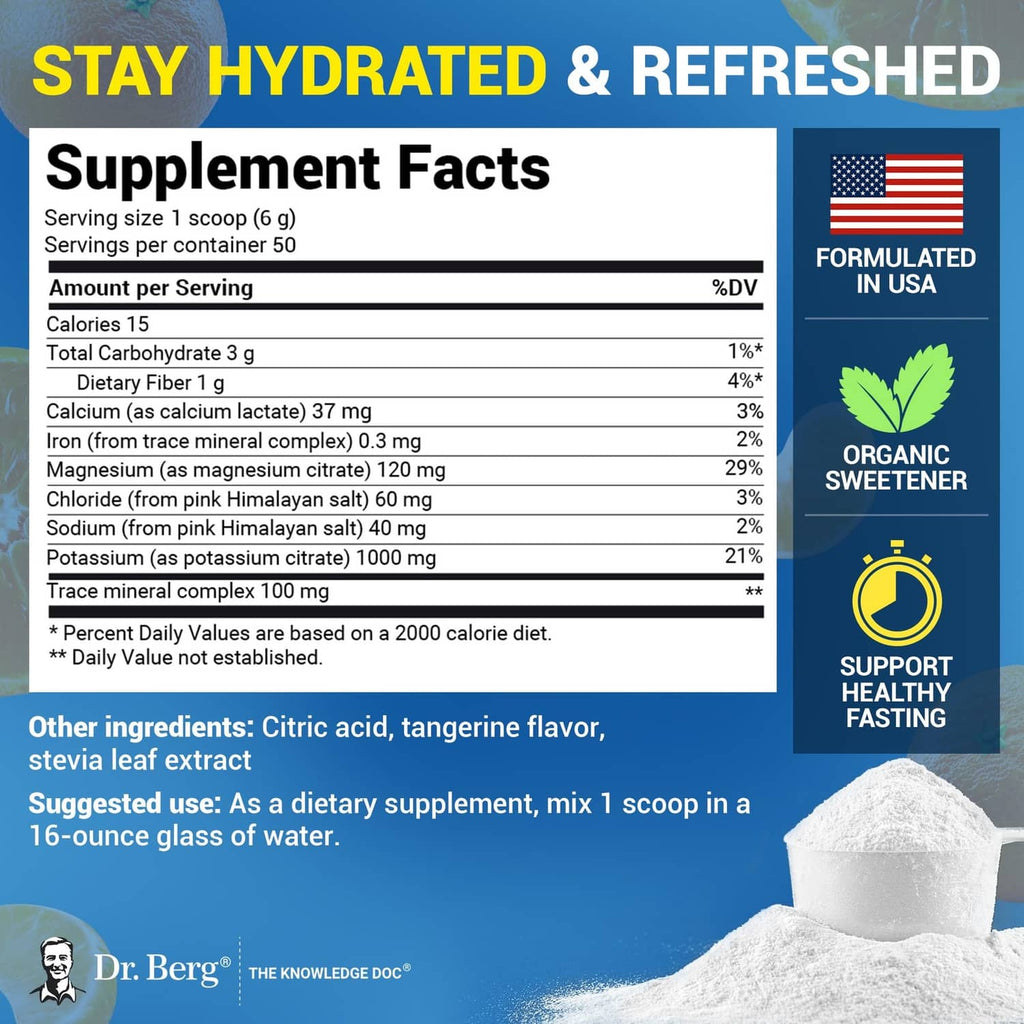 Dr. Berg electrolyte powder jar with supplement facts label and serving directions, white jar