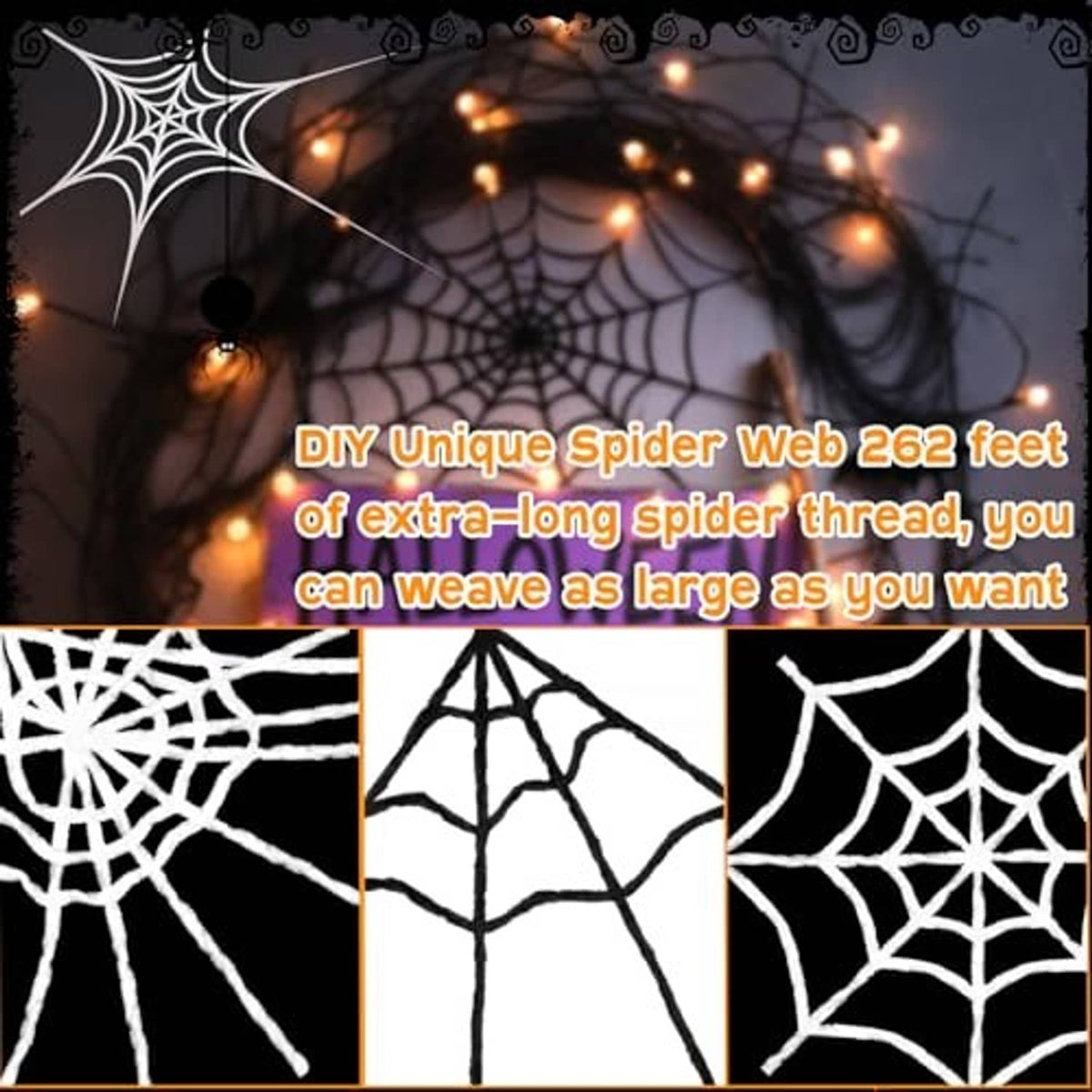 Large black spider web decoration with radial bands and thin thread strands