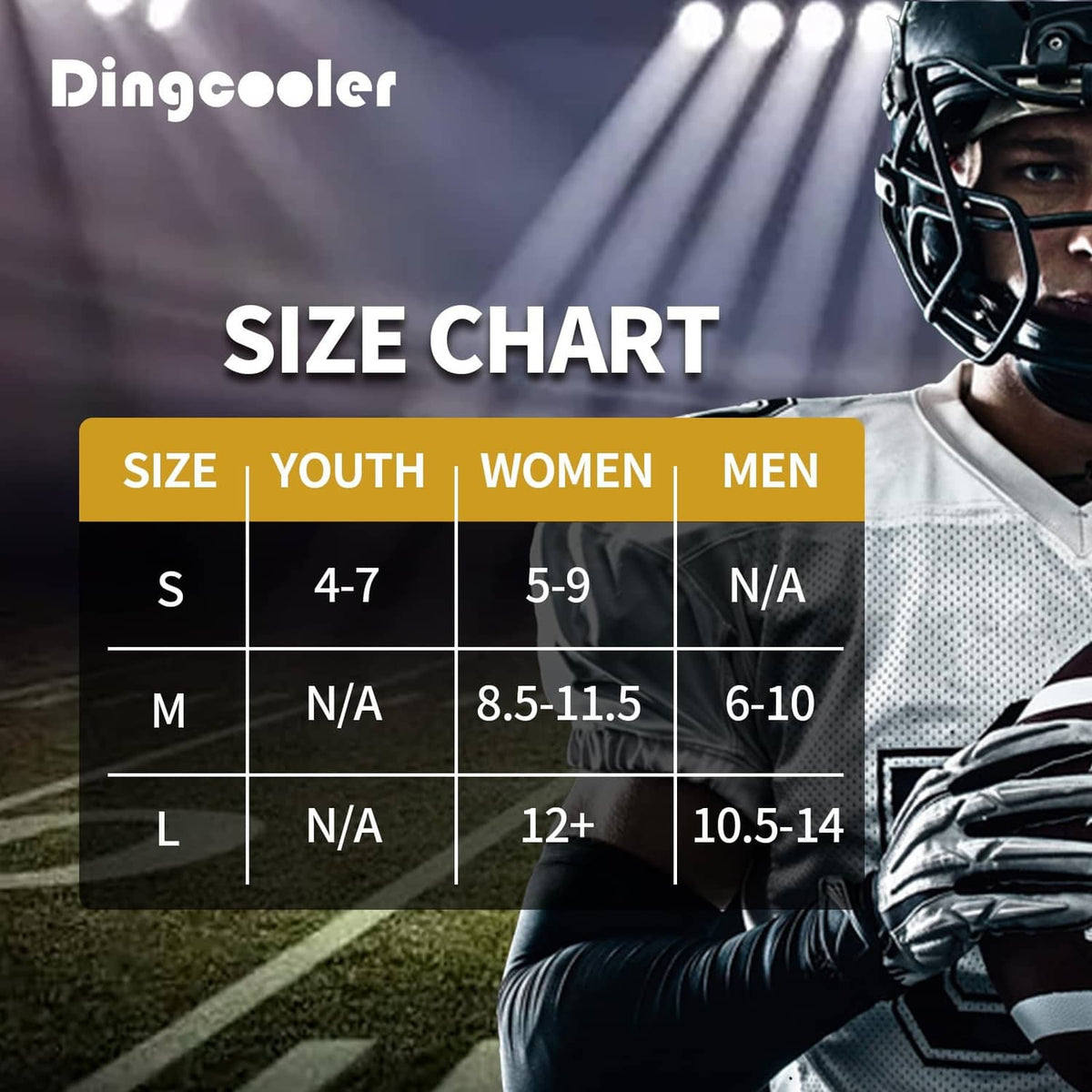 Dingcooler socks size chart graphic with S, youth, women, men rows