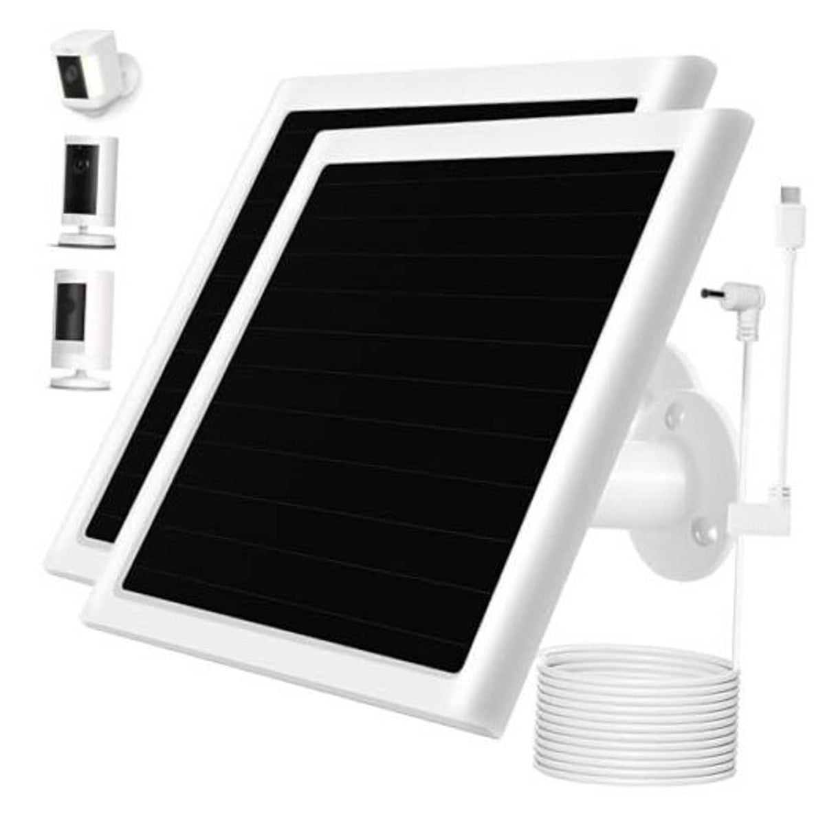 White solar panel charger kit with mounting bracket and coiled cable