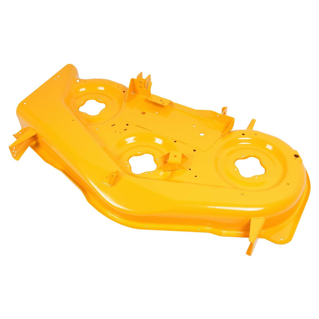 Yellow steel mower deck shell with circular holes and protruding mounting arms