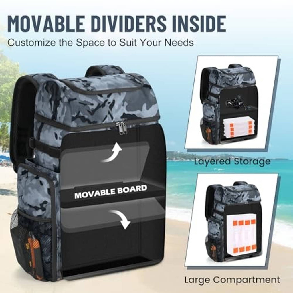 Camouflage fishing tackle backpack with open front storage and mesh organizer panel