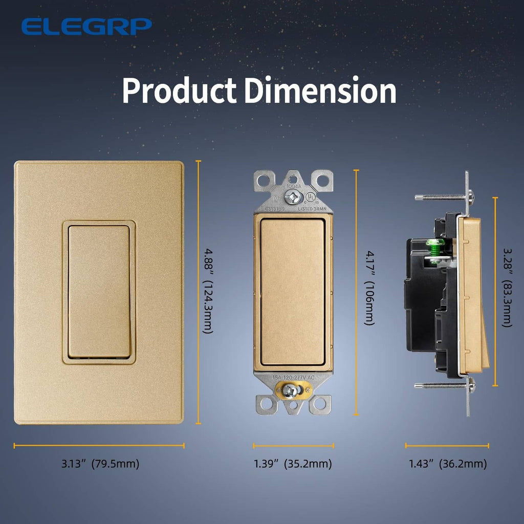 Champagne gold single-pole switch plate with rocker and mounting frame, front and side views