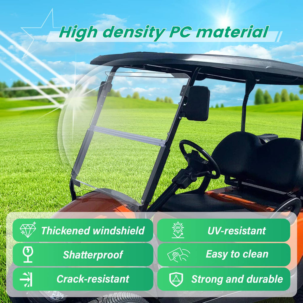 Clear windshield with black frame mounted on a golf cart