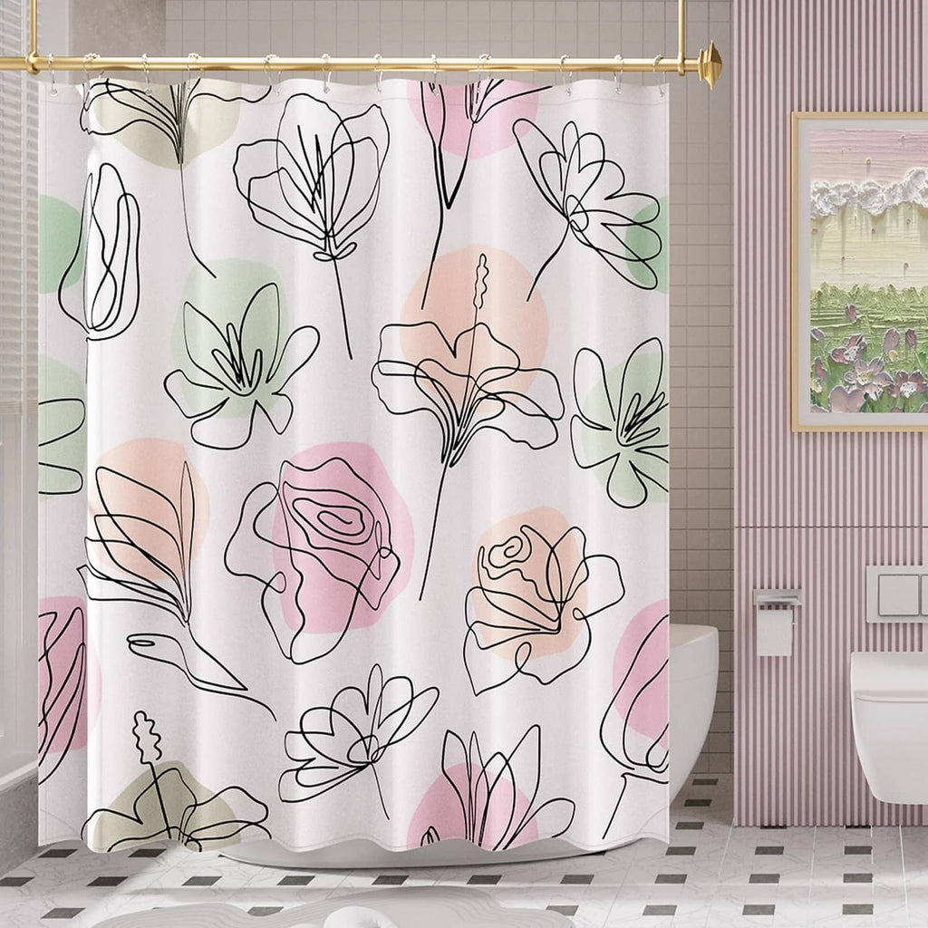 Floral shower curtain with pastel flower line drawings on a white fabric background