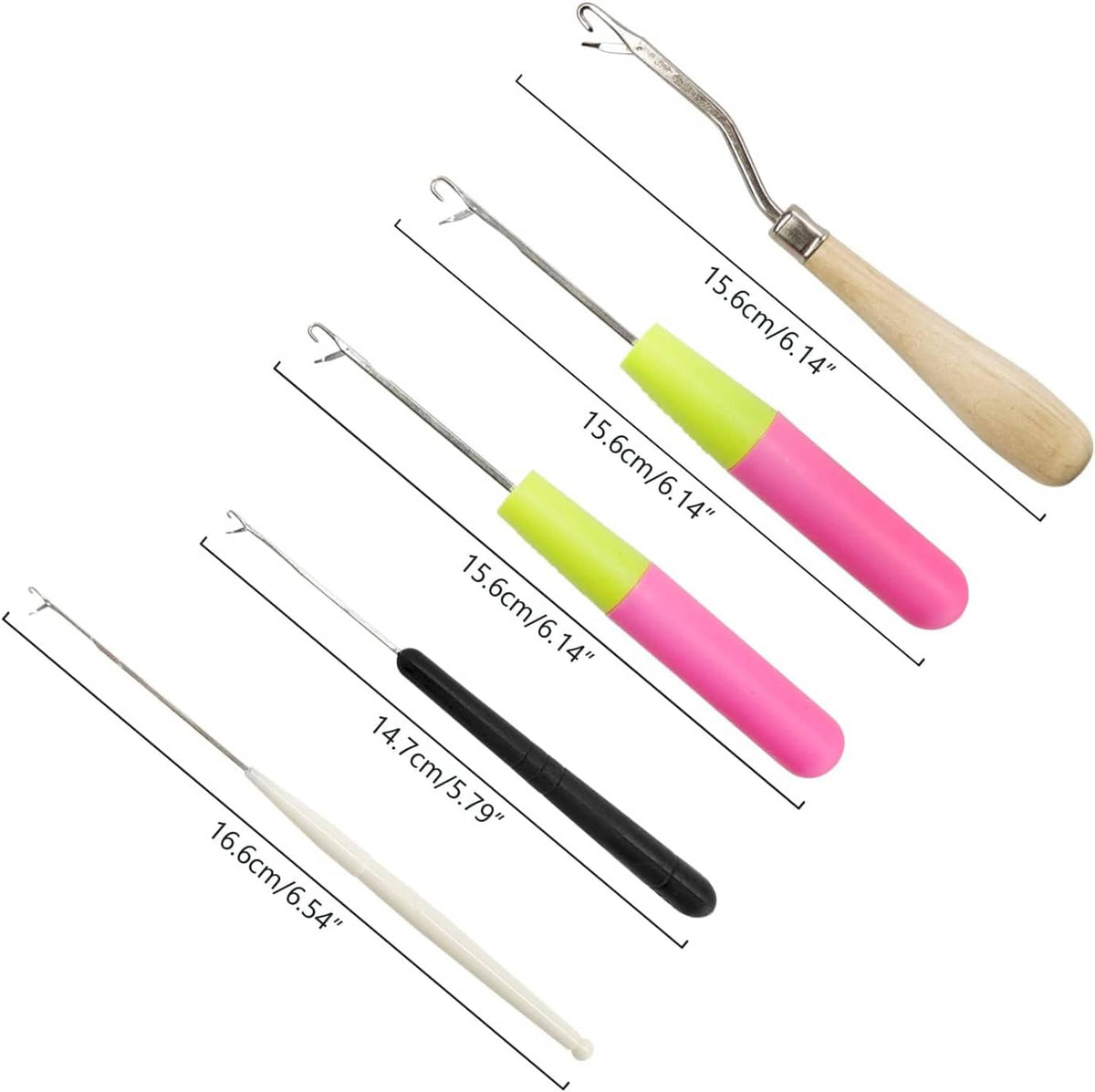 5-piece latch hook crochet hook set with hanging hooks and length indicator lines