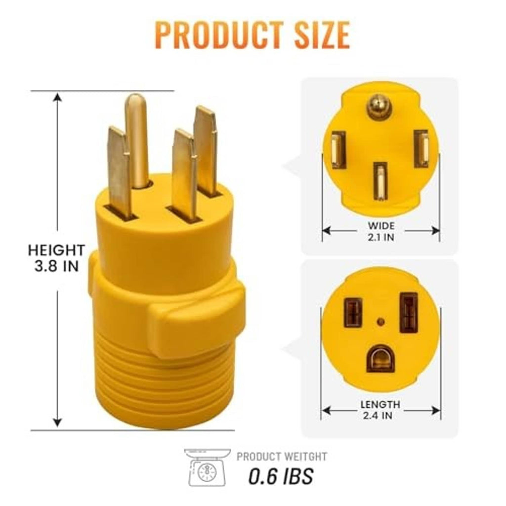 Yellow 4-prong welder adapter plug, compact NEMA 14-50P to 6-50R style