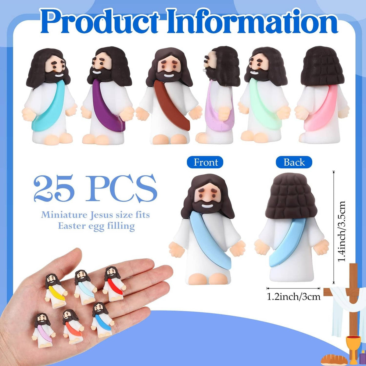 Package with 25 mini rubber Jesus figures, colorful robe colors, front and back views