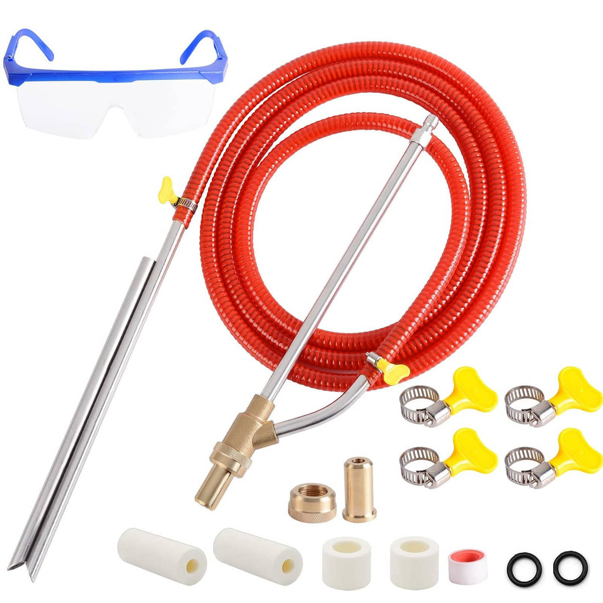 Pressure washer sandblasting kit with red hose, lance, connectors, nozzles, and fittings