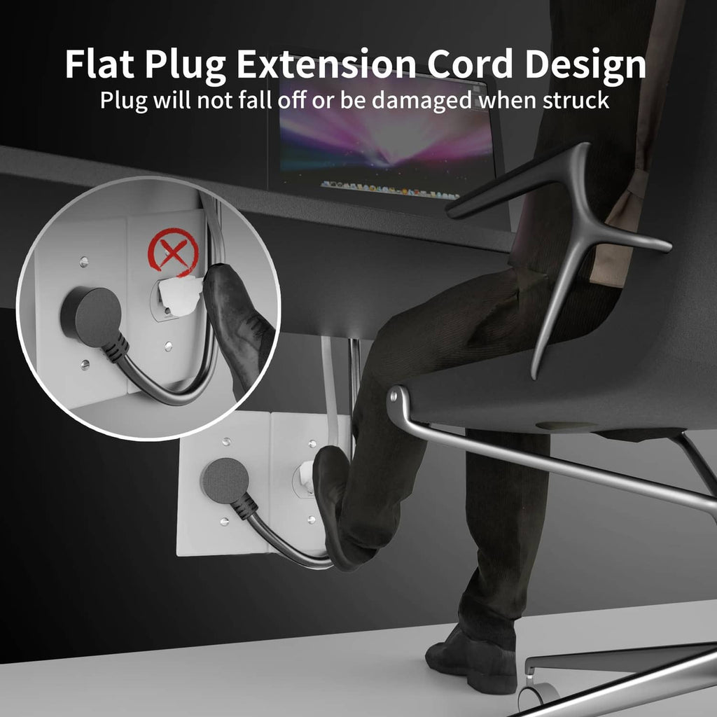 Black flat plug extension cord plugged into wall outlet with cable leading away