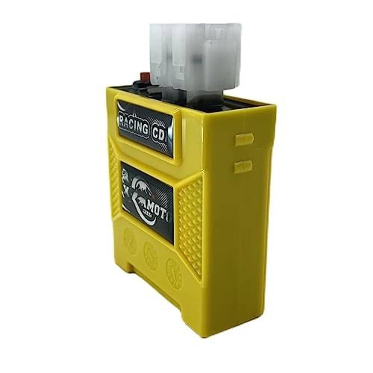 Yellow CDI ignition module side view with top white connector block and front marking label