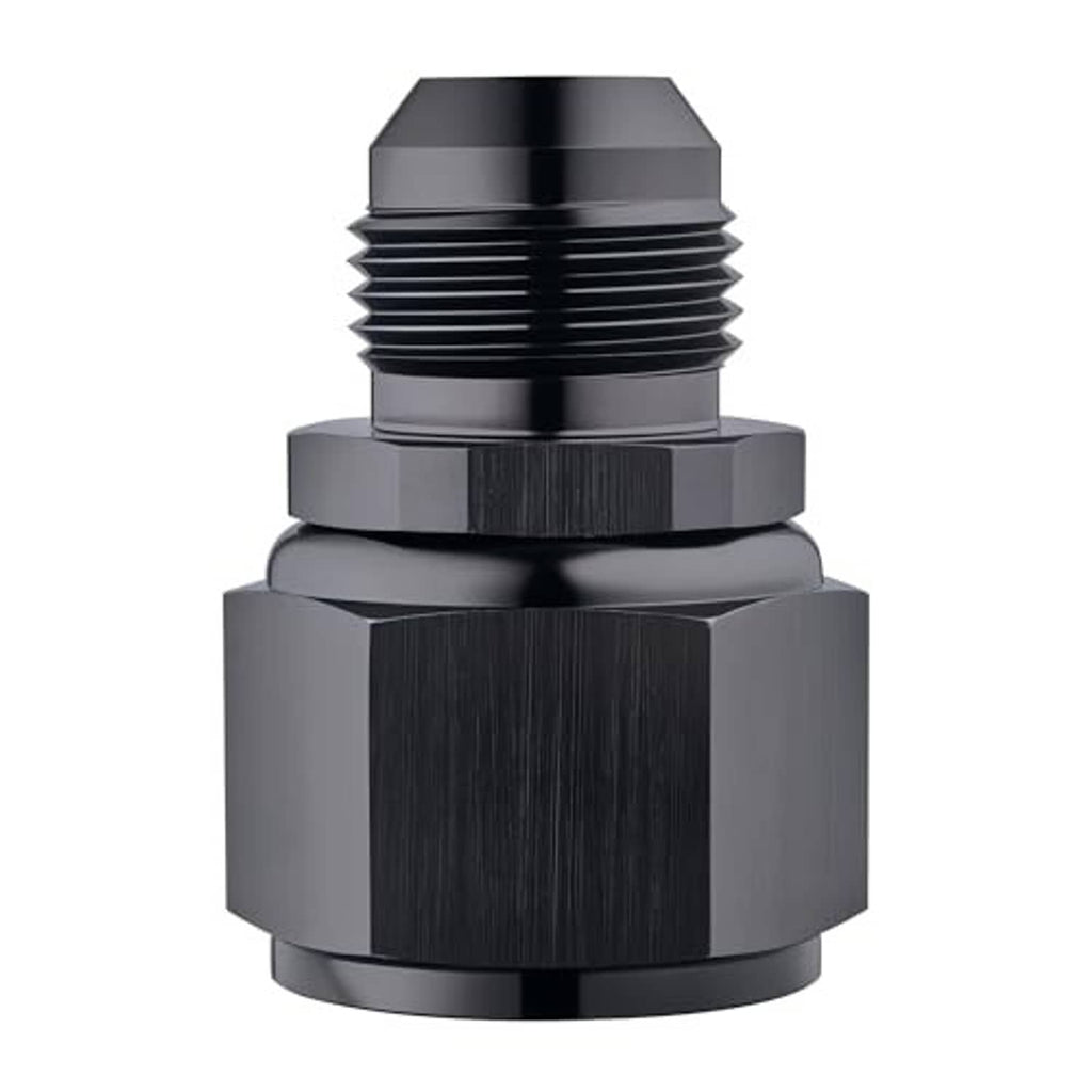 Black AN swivel fitting adapter with hex body and ribbed external threads, angled close-up