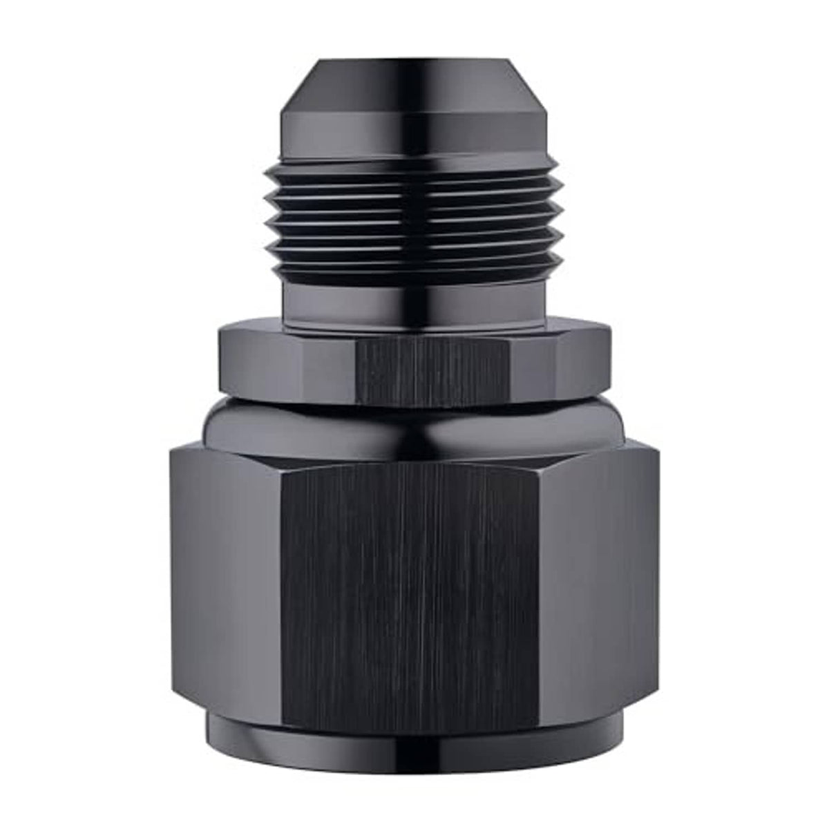 Black AN swivel fitting adapter with hex body and ribbed external threads, angled close-up