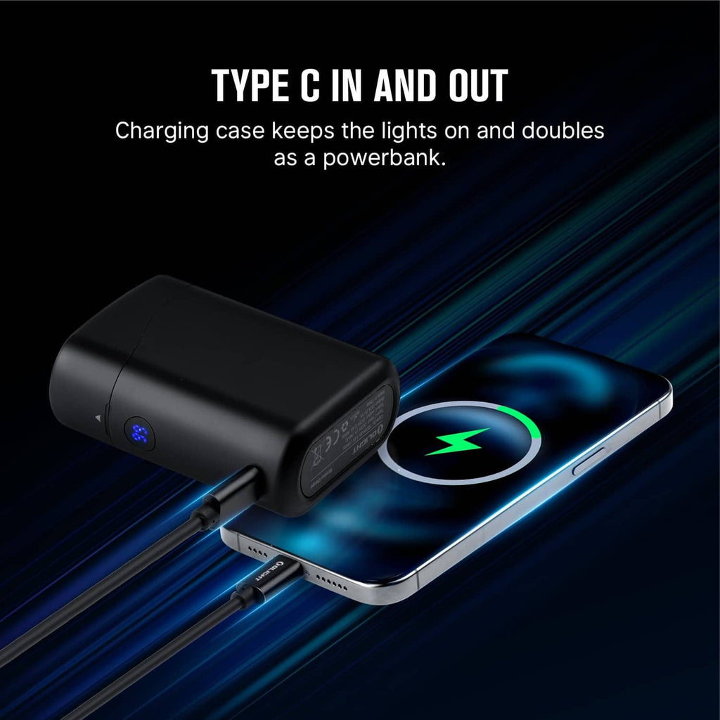 Black flashlight charging a phone via USB-C cable and powerbank connection