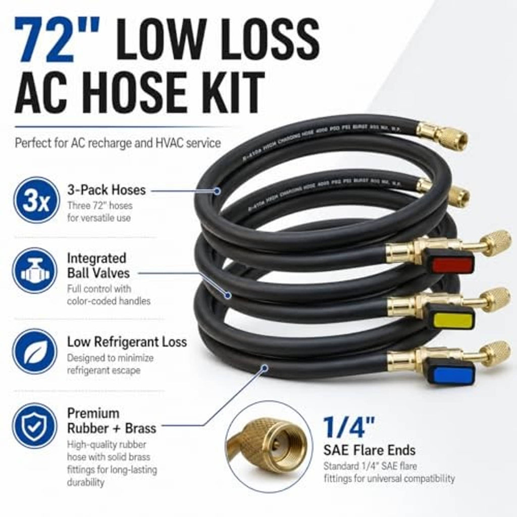 AC hose kit set with black hoses, brass SAE flare ends, and colored integrated ball valves