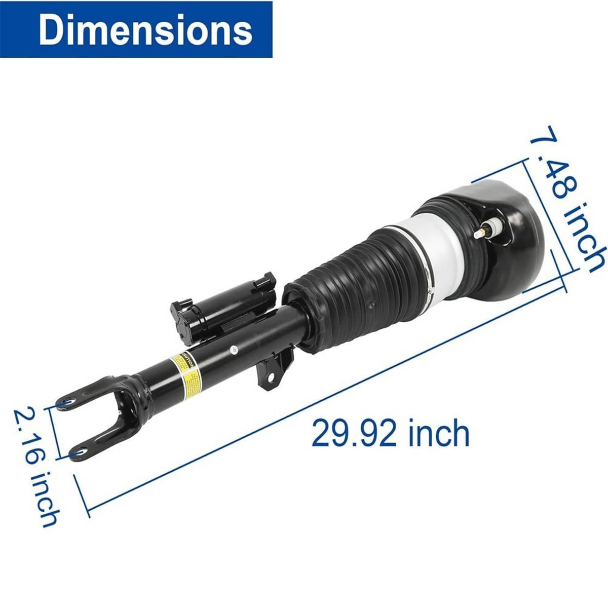 Air suspension shock strut with black rubber air bellows and front fork-style bracket