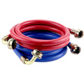 Paired red and blue rubber washing machine hoses with brass connectors and elbows