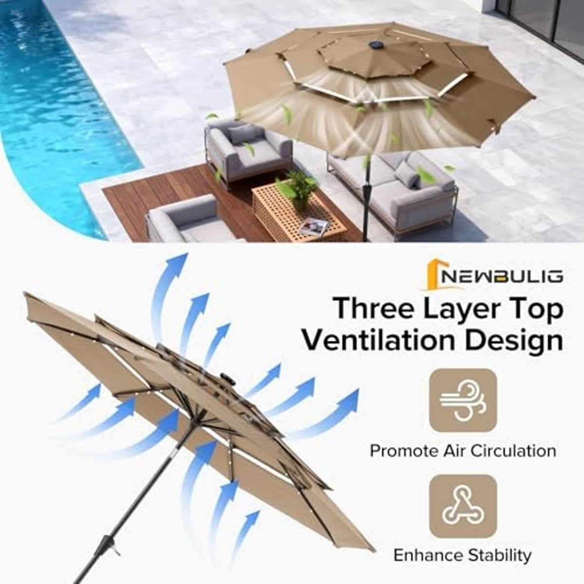 Beige three-layer patio umbrella with ventilated canopy design