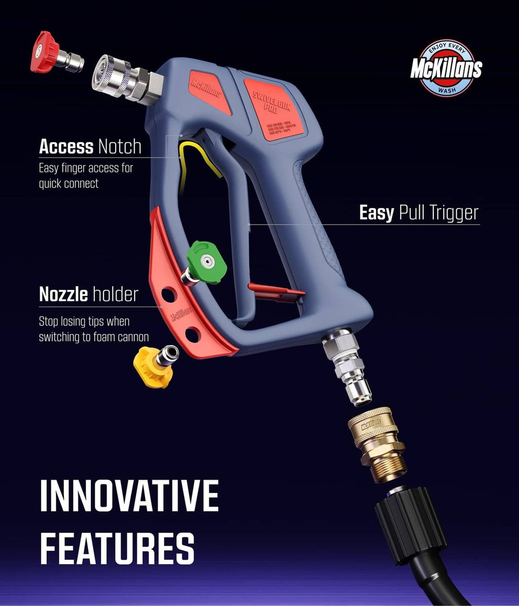 Blue swivel pressure washer gun with red trigger area and metal inlet connector