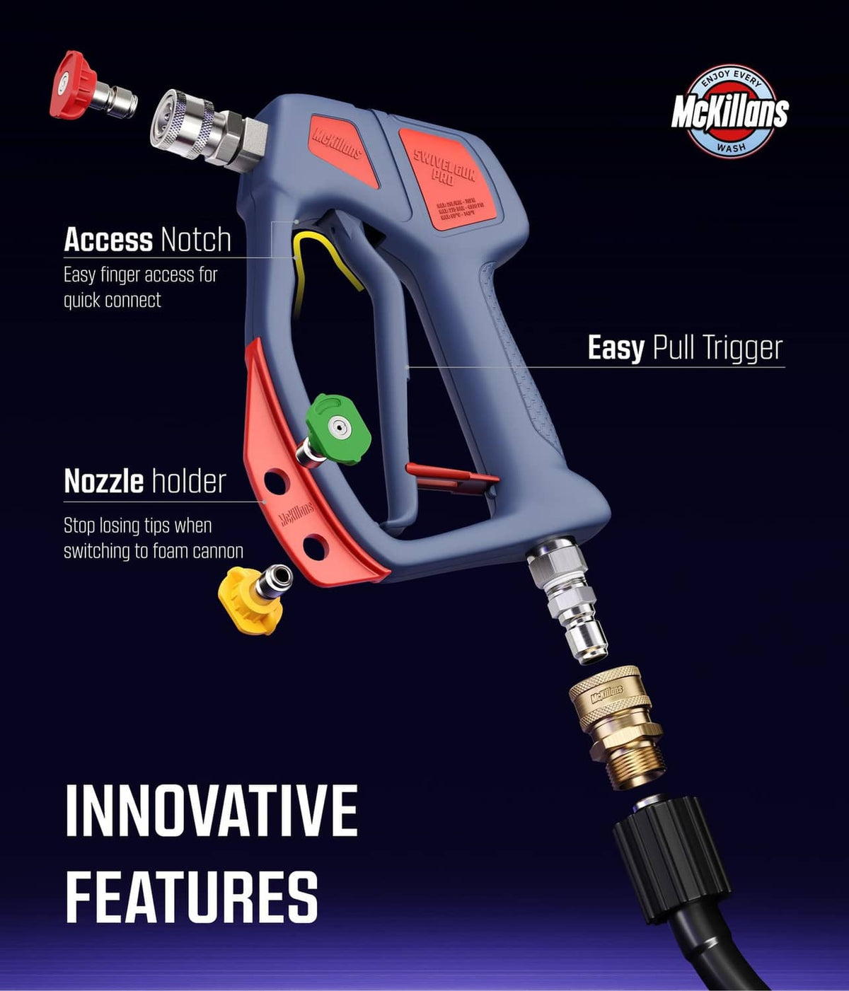 Blue swivel pressure washer gun with red trigger area and metal inlet connector
