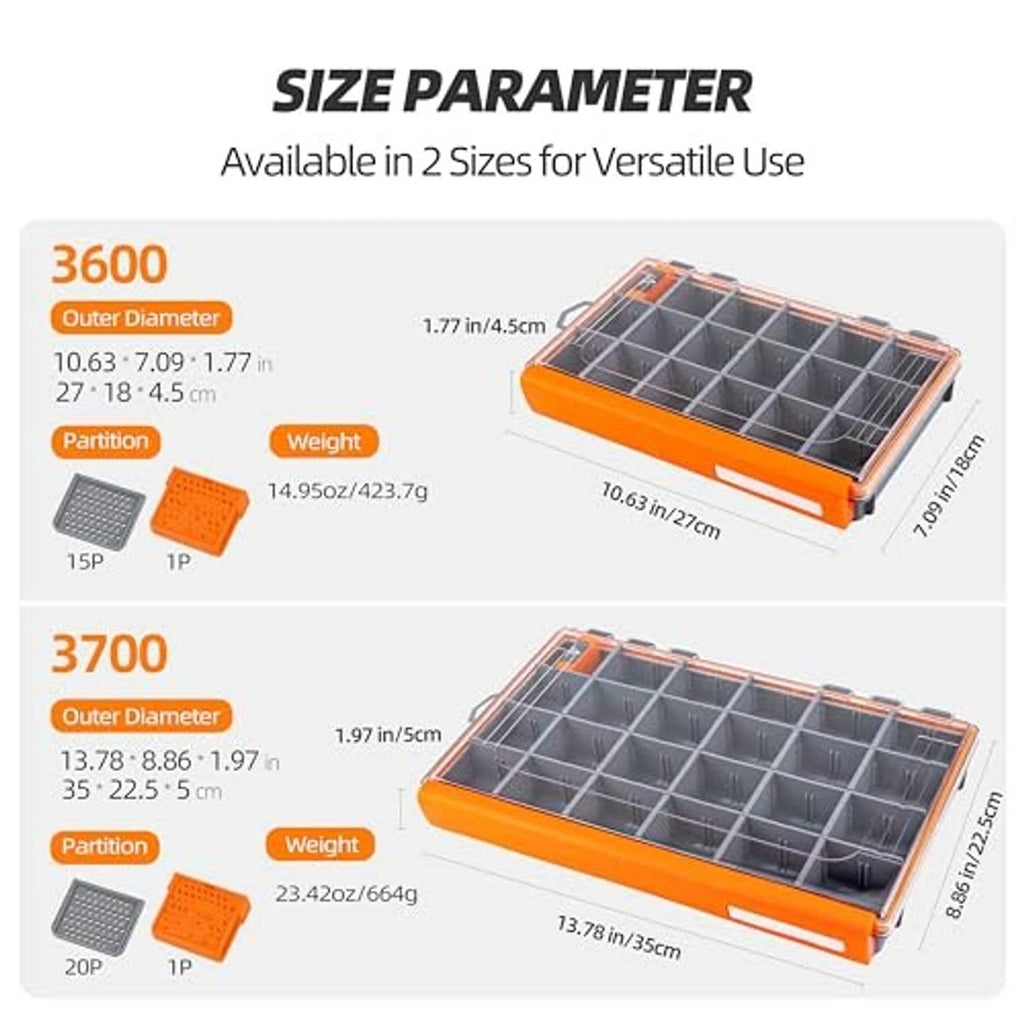 Orange fishing tackle box with gray divided tray and size-parameter layout diagram