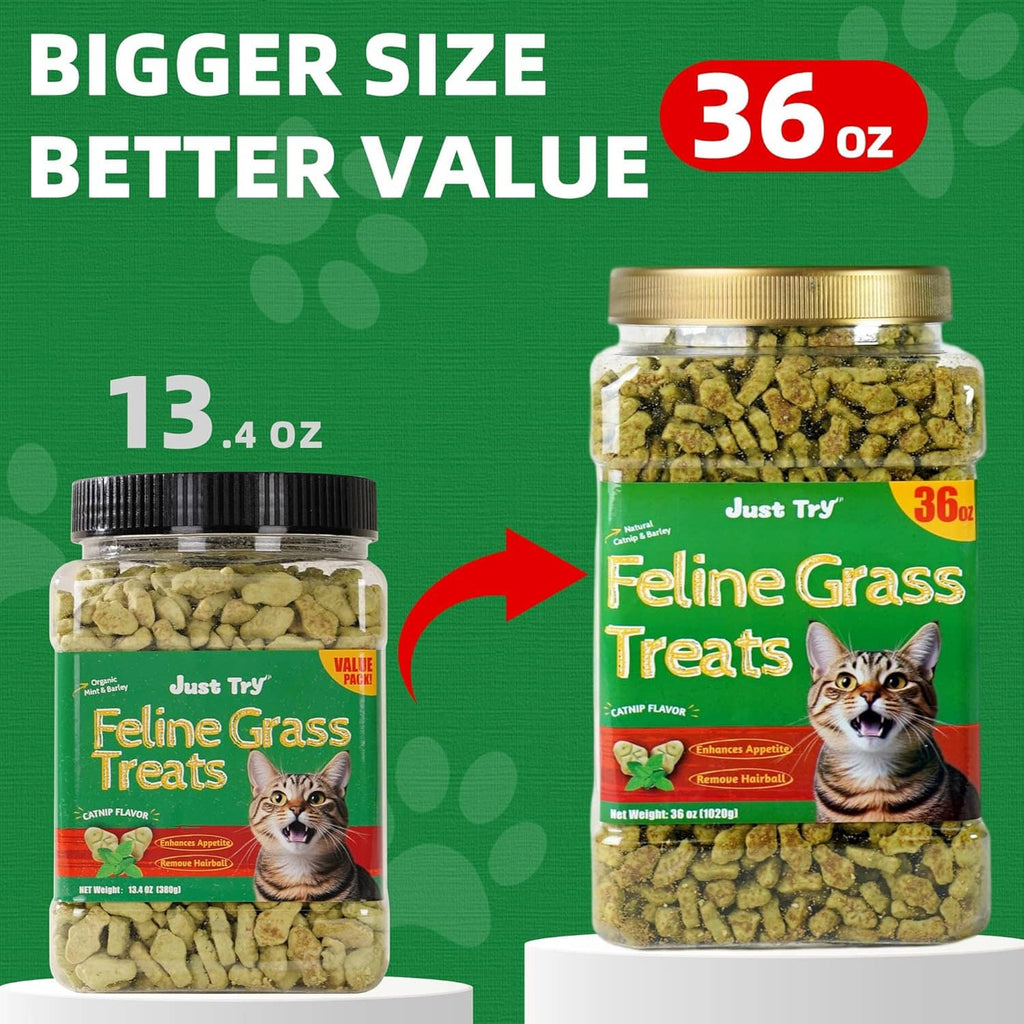 36 oz feline grass treats jar next to smaller bottle for bigger size comparison