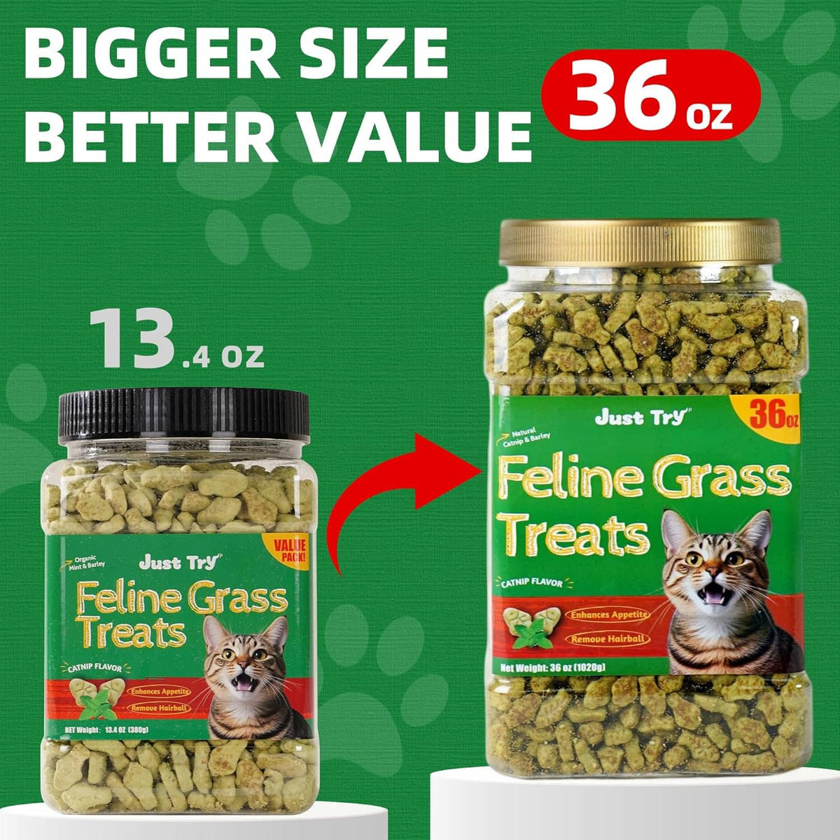 36 oz feline grass treats jar next to smaller bottle for bigger size comparison
