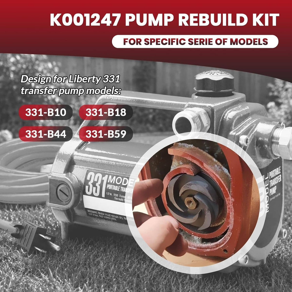 Pump rebuild kit shown on transfer pump housing with circular inset of kit components