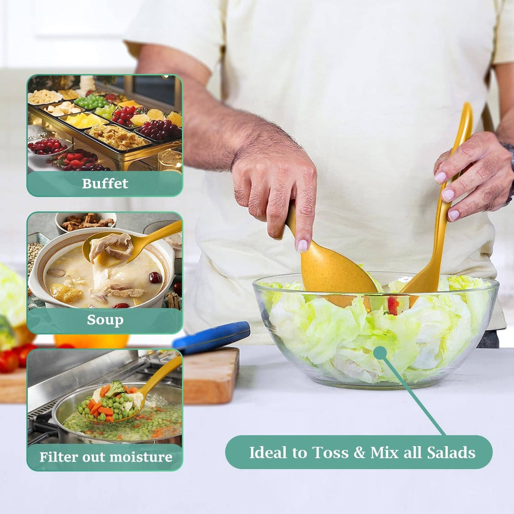 Large yellow spoon mixing salad in a glass bowl with lettuce