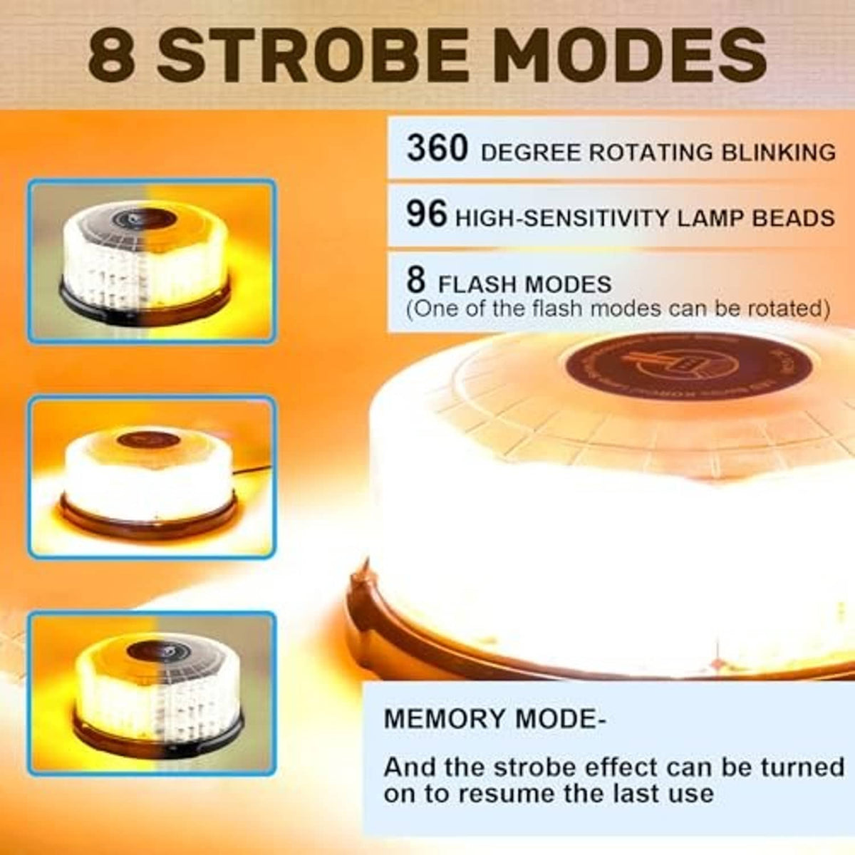 Amber-white beacon strobe light with rotating LED flash modes shown in a diagram